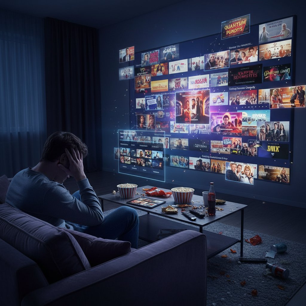 Person overwhelmed by endless streaming choices, lost in virtual shelves of new releases movies, cool tones, abstract