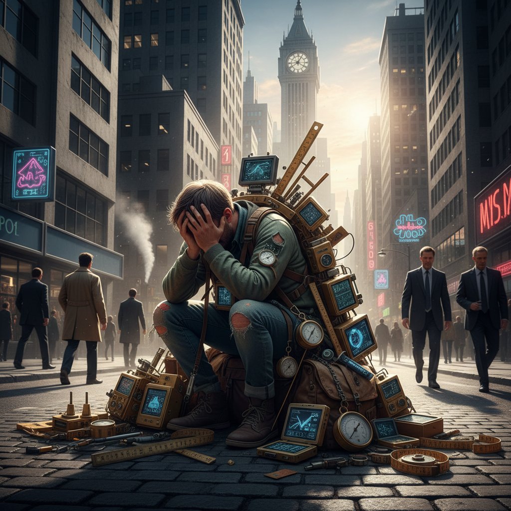 Osoba przytłoczona narzędziami do pomiaru rozwoju