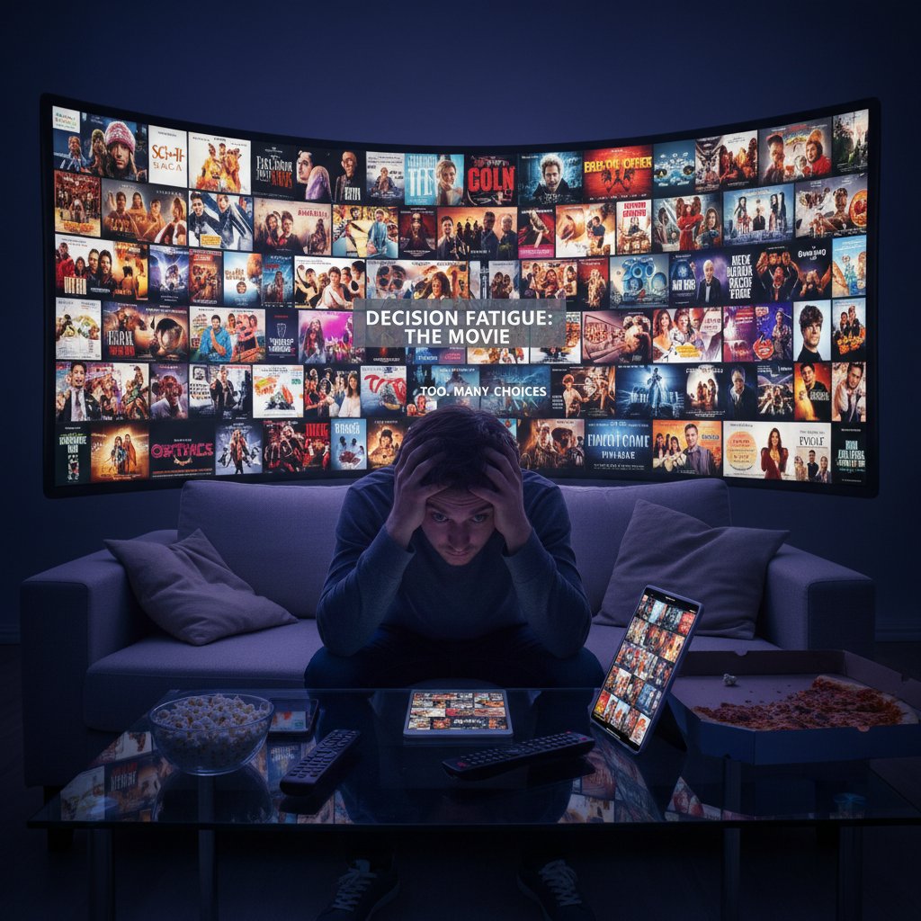 Person overwhelmed by too many movie choices and movie posters, representing decision fatigue in movie selection