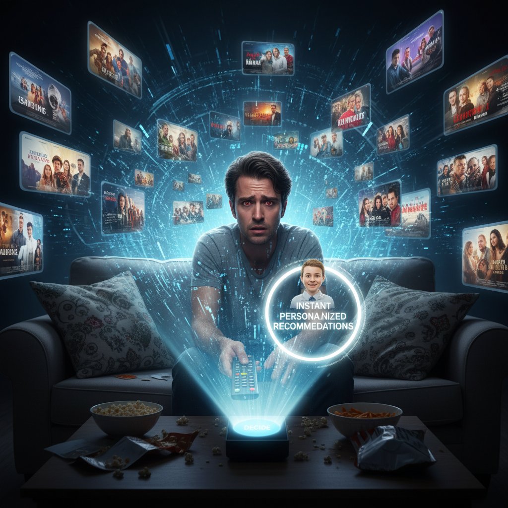 Person overwhelmed by movie options on streaming TV, reflecting the agony of endless scrolling for instant personalized recommendations