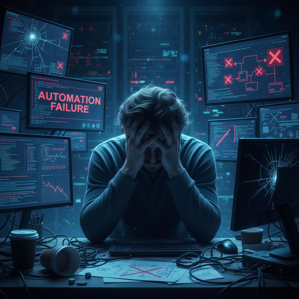 Person overwhelmed by screens full of failed automations and error messages, cool blue tones
