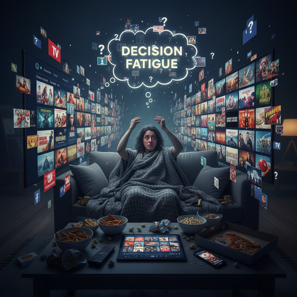 Person overwhelmed by too many movie choices on streaming platform, symbolizing decision fatigue