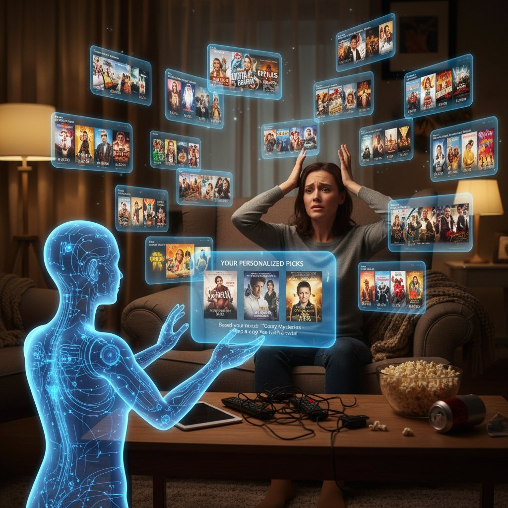 Person overwhelmed by movie choices on streaming platform, best personalized movie assistant