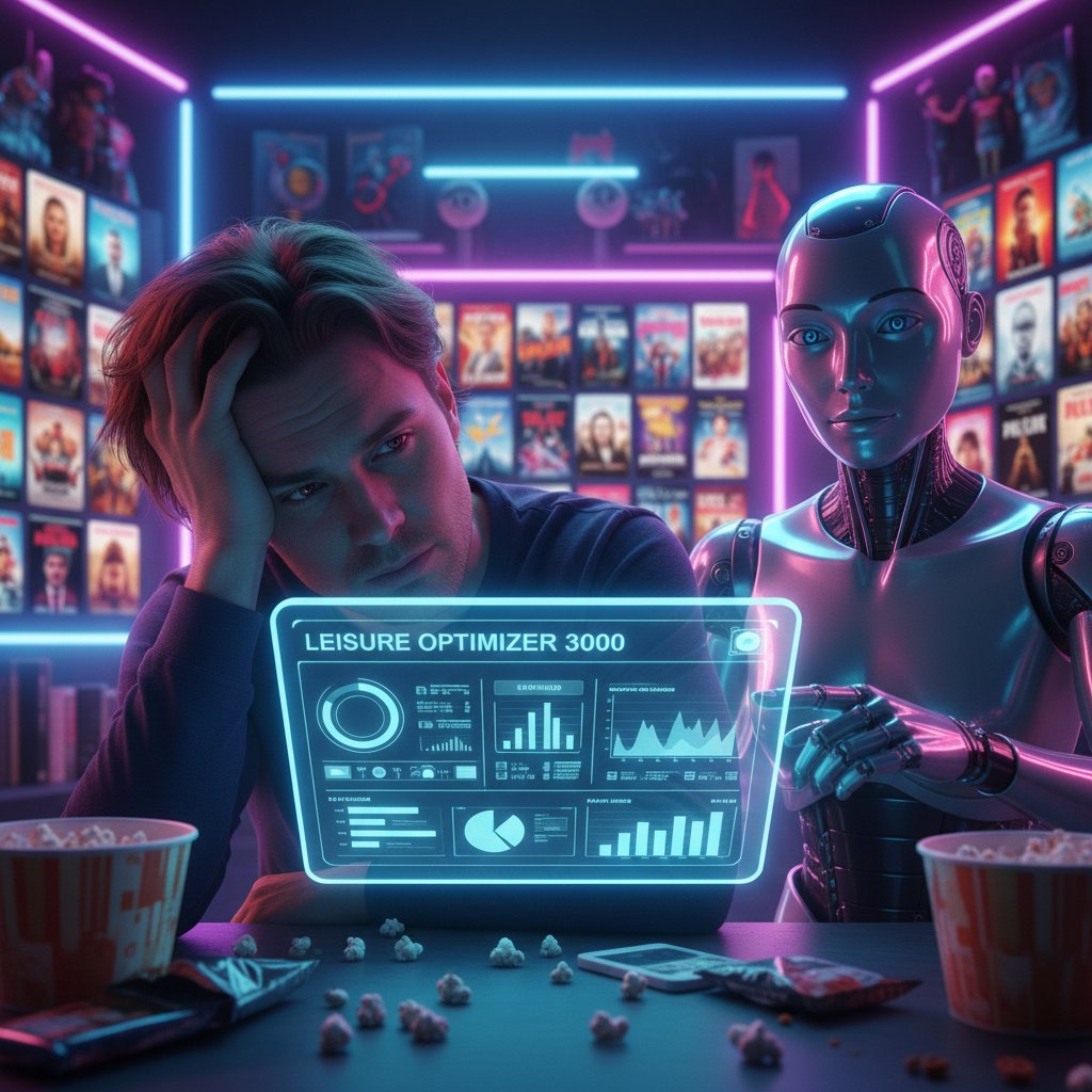 Person overwhelmed by endless movie choices on streaming platforms, cinematic close-up, fatigue, neon-lit room, personalized assistant for optimizing leisure movie time