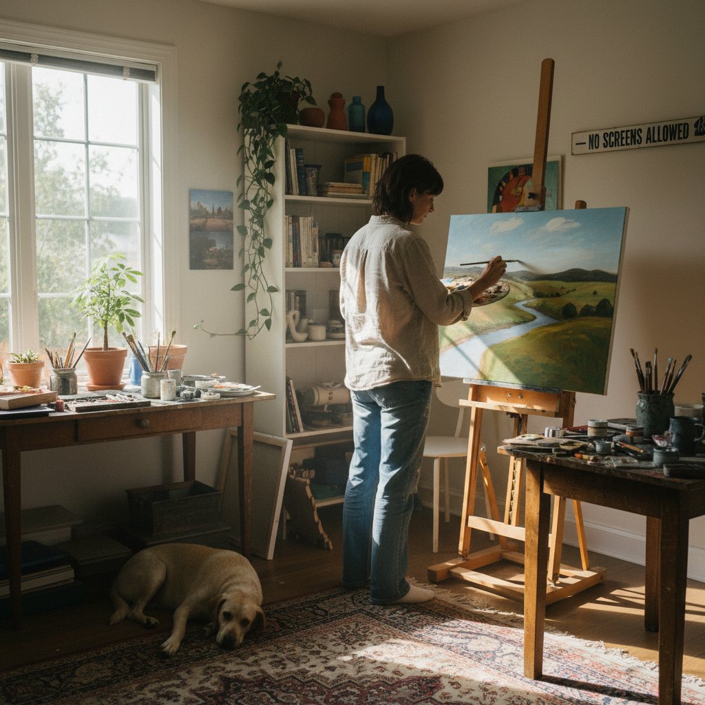 Osoba malująca obraz w domowym studio, hobby offline, rozrywka bez aplikacji