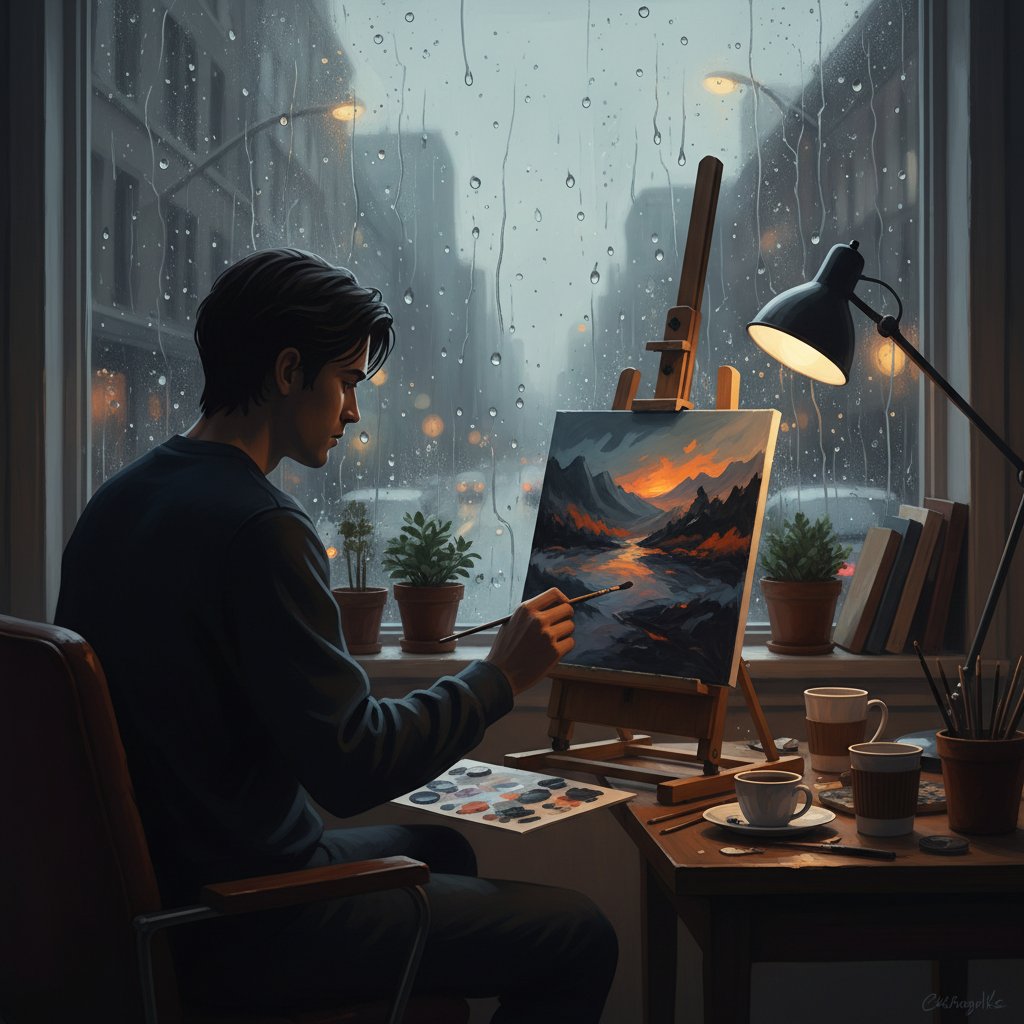 Osoba malująca przy oknie w deszczowy dzień, kreatywność jako metoda na samotność po rozstaniu