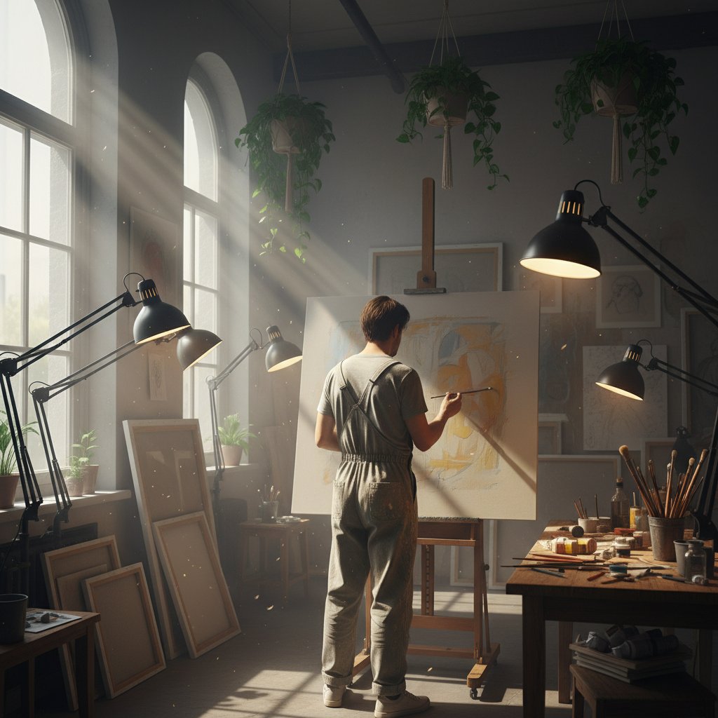 Osoba malująca obraz samotnie w jasnym pokoju, paleta barw, kreatywna atmosfera