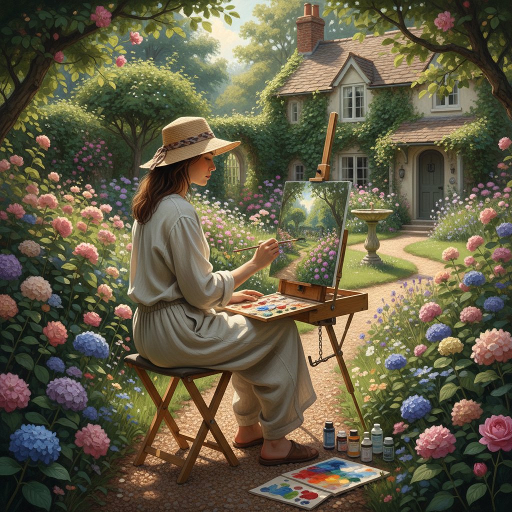 Osoba malująca obraz w ogrodzie, relaks i rozwój poza technologią