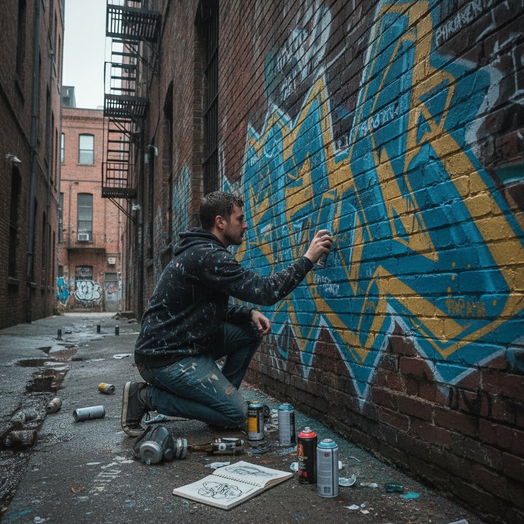 Individual creating art as emotional healing, painting graffiti over old love messages in urban alley, edgy recovery theme