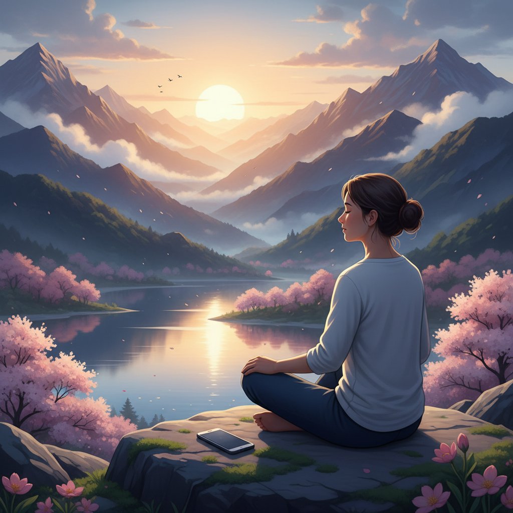 Osoba patrząca na spokojny krajobraz, z wyłączonym telefonem w dłoni – symbol wyboru życia poza FOMO