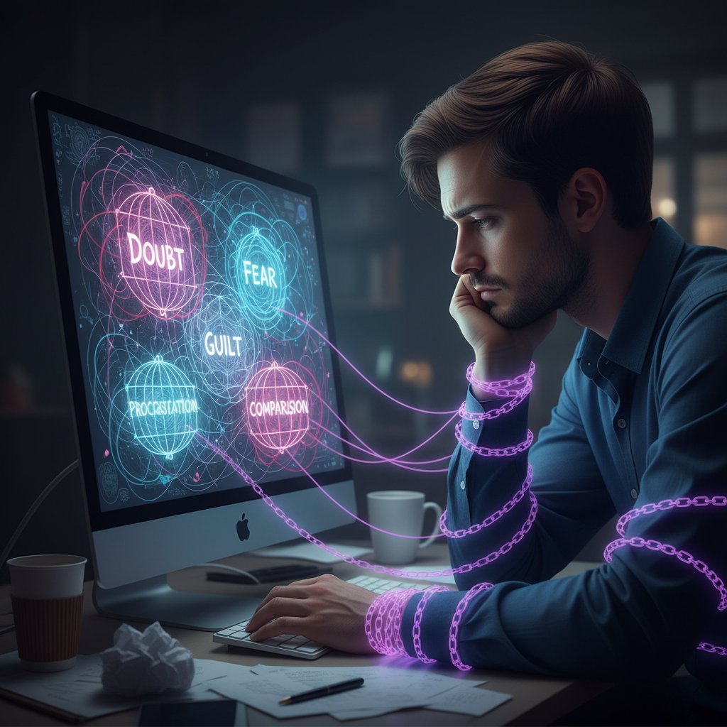 Osoba zamyślona przy komputerze, pułapki emocjonalne online, rozmowy online dla samotnych