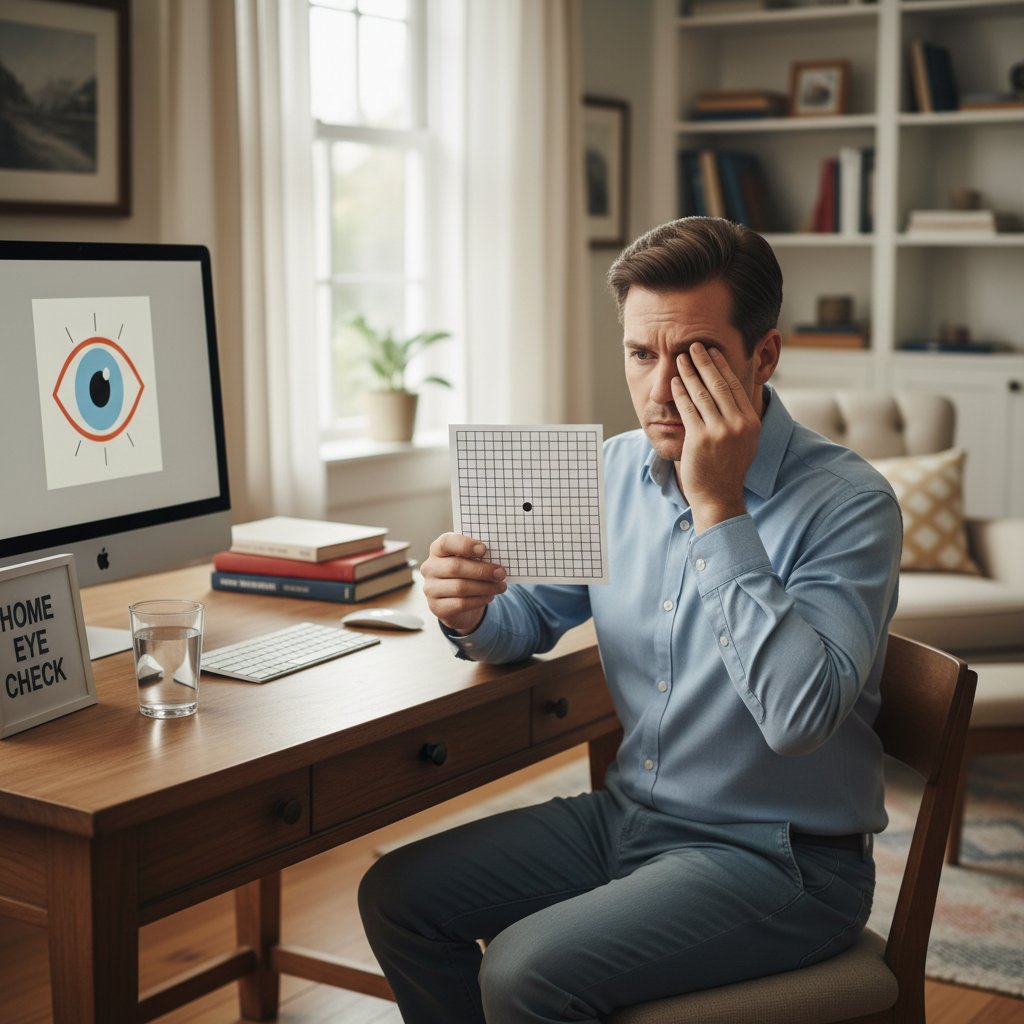 Zdjęcie osoby wykonującej domowy test Amslera przy biurku