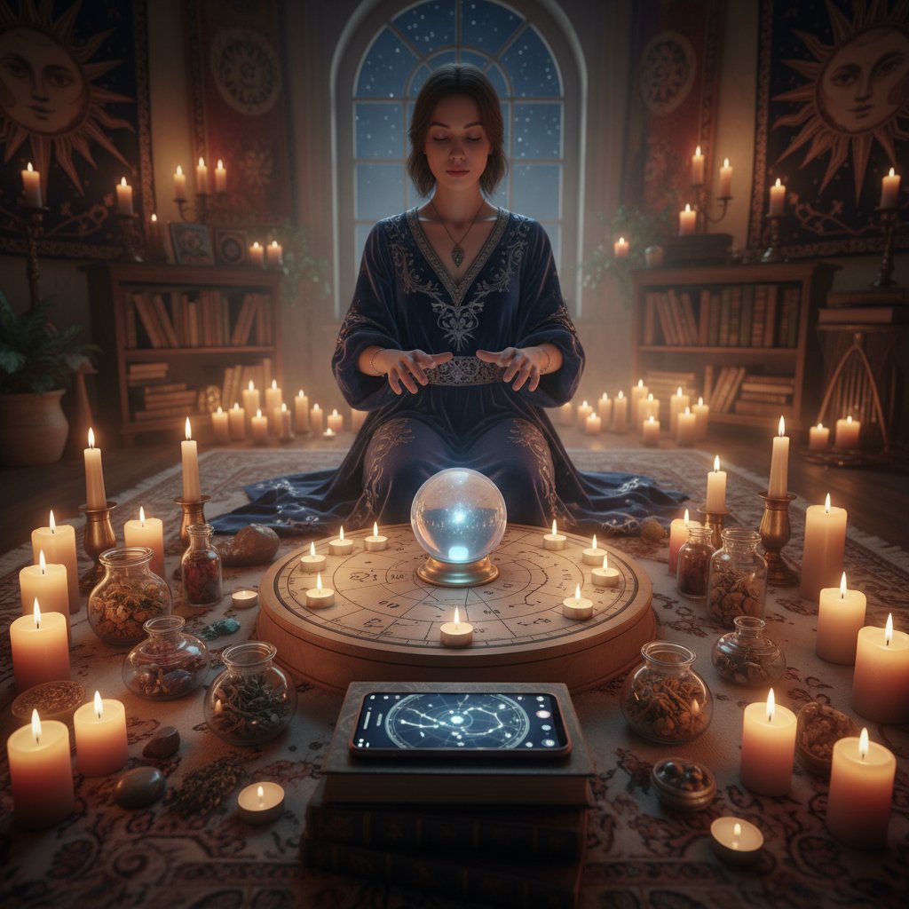 Współczesny rytuał astrologiczny w domu, osoba zapala świece, obok leży smartfon z wykresem