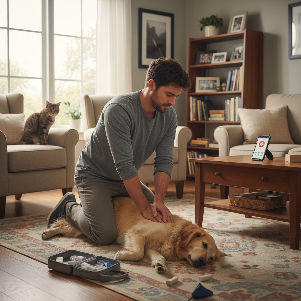 Opiekun wykonujący resuscytację psu, scena ratunkowa na podłodze