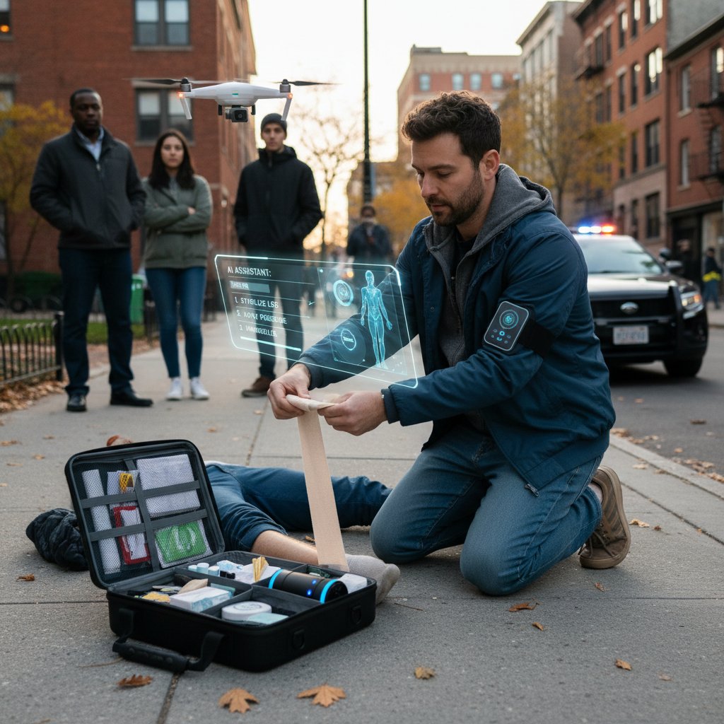 Zdjęcie osoby udzielającej pierwszej pomocy w realnej sytuacji, wokół narzędzia mobilne i instrukcje AI