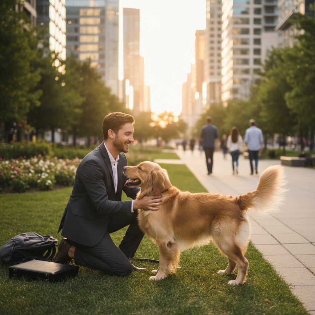 Osoba głaszcząca psa na tle miejskiego parku, relaks po pracy, szczęście