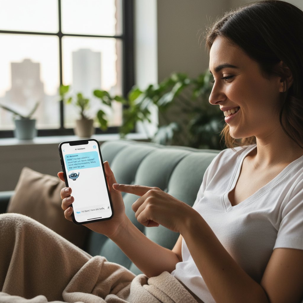 Sytuacja: osoba pisząca na smartfonie, na ekranie pojawia się sympatyczna odpowiedź wirtualnej dziewczyny, symbolizująca algorytmiczne relacje