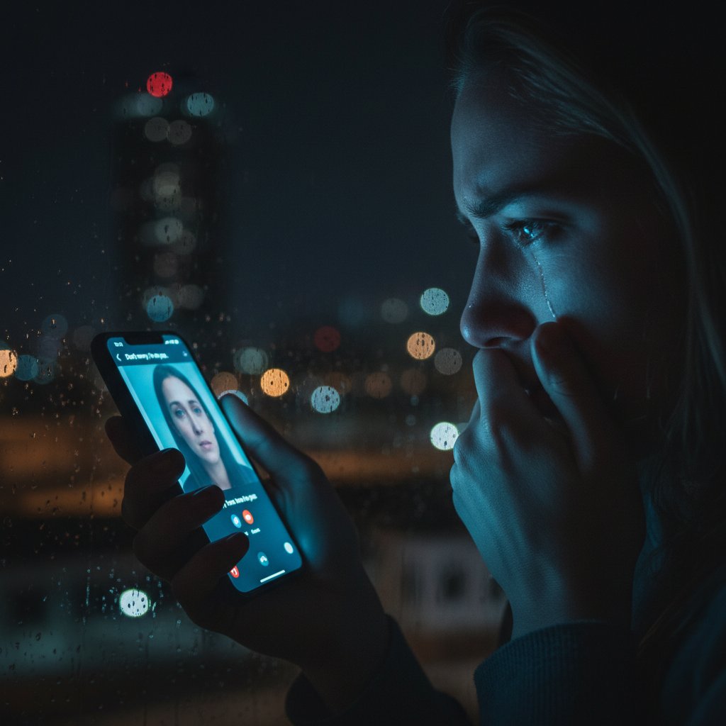 Osoba rozmawiająca przez telefon w nocy, emocjonalny kryzys, potrzeba wsparcia i interwencji