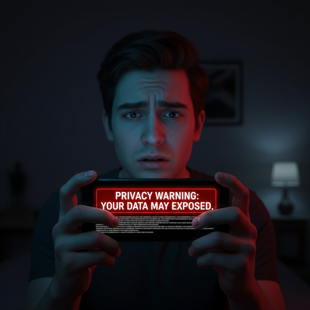 Osoba z telefonem w dłoni, ekran pokazuje ostrzeżenie o prywatności, atmosfera niepokoju i refleksji, ciemne tło