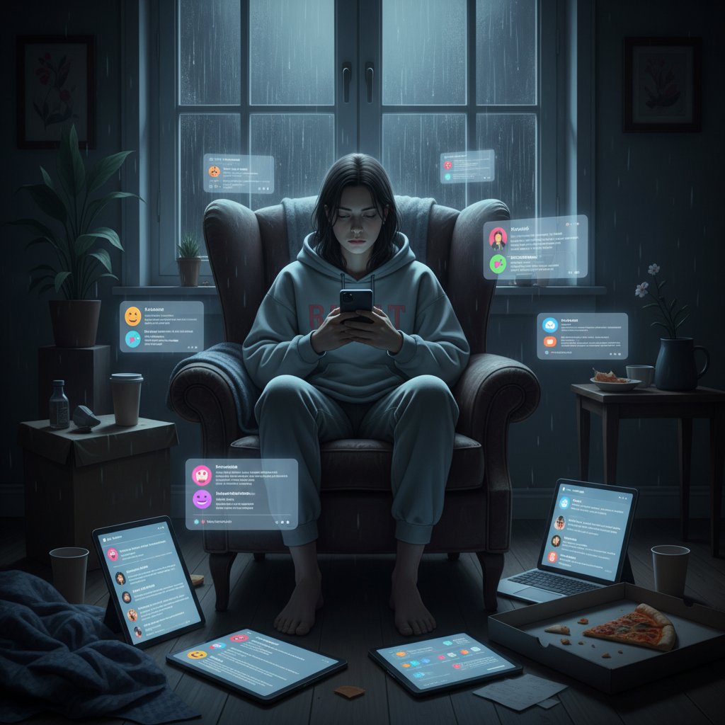 Osoba samotnie patrząca na ekran telefonu, otoczona ekranami – iluzja kontaktu