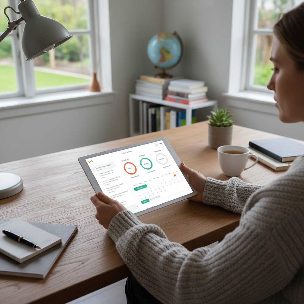 Osoba z plannerem do nauki, otwarte okno z aplikacją do angielskiego, spokojna atmosfera systematyczności