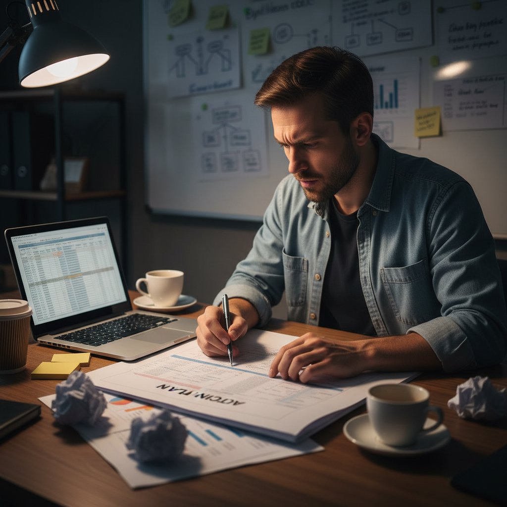 Osoba analizująca plan działań, rozpisany na papierze i na ekranie laptopa, z widocznym napięciem i determinacją