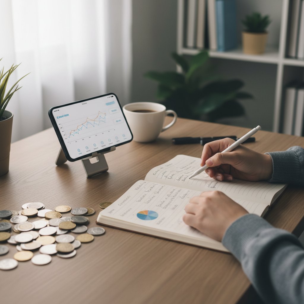 Osoba planująca swoją ścieżkę edukacyjną z notatnikiem, telefonem i kolekcją monet