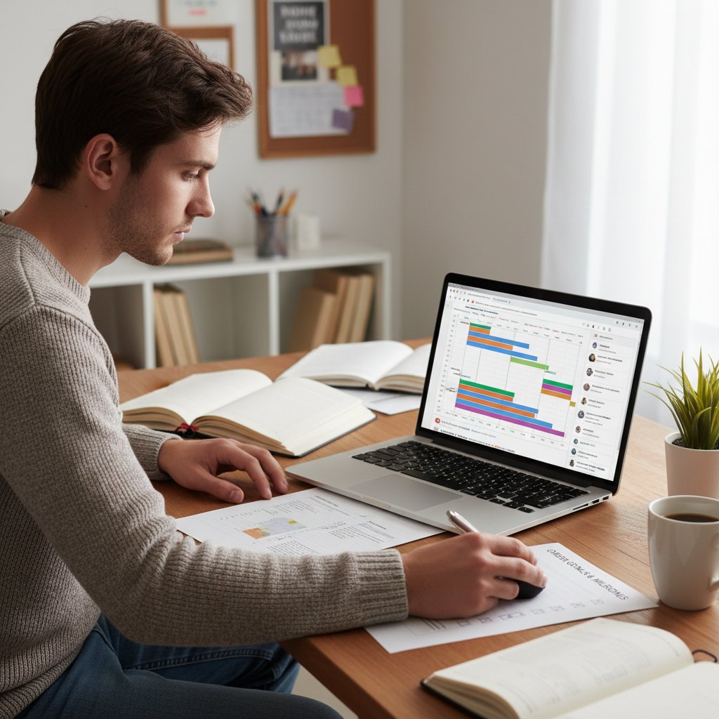 Osoba w skupieniu zaznaczająca punkty na liście zadań przy laptopie, planowanie kariery