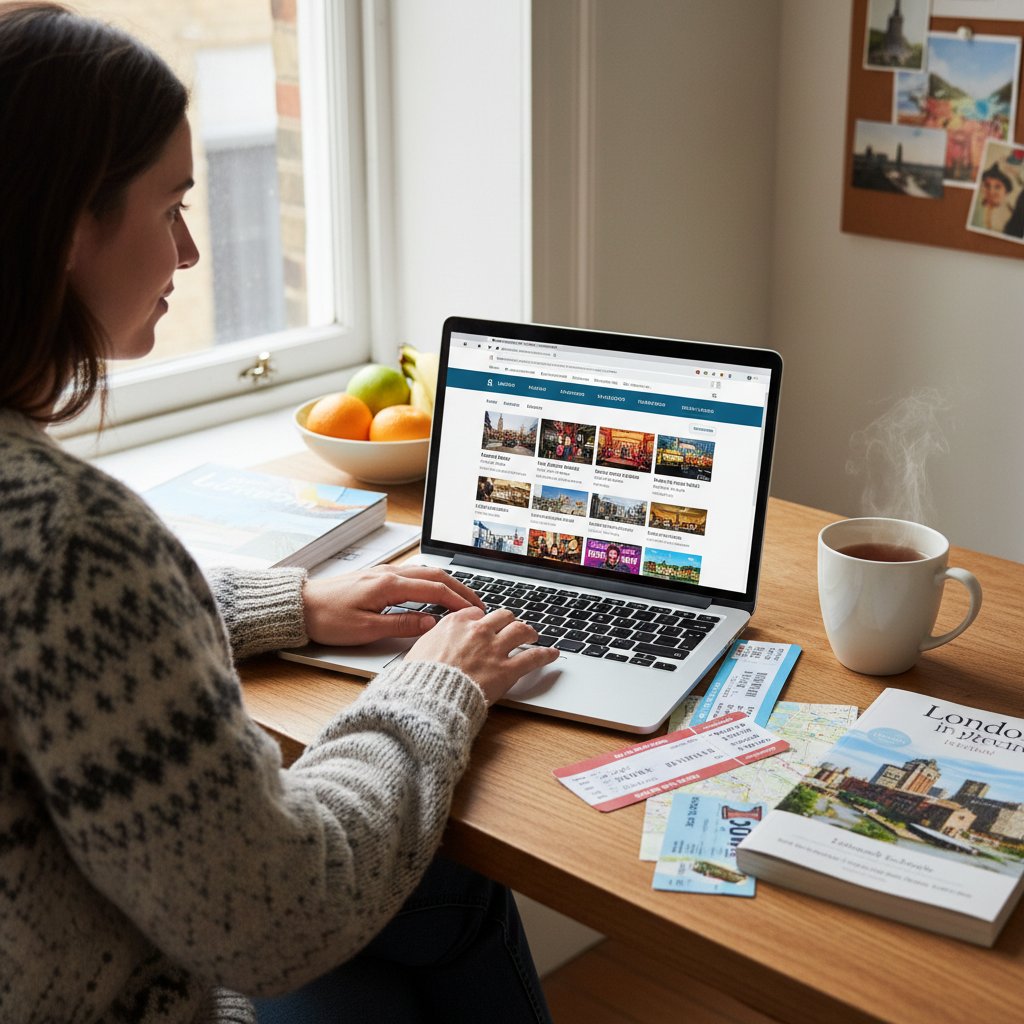 Osoba planująca weekend z laptopem, otoczona biletami i plakatami wydarzeń kulturalnych