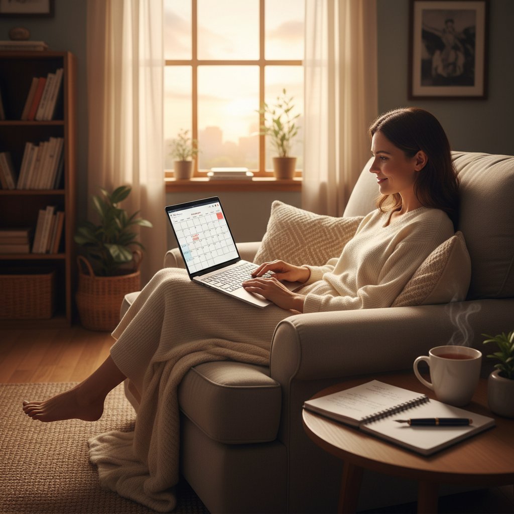 Osoba planująca dzień wieczorem korzystając z laptopa i notatnika