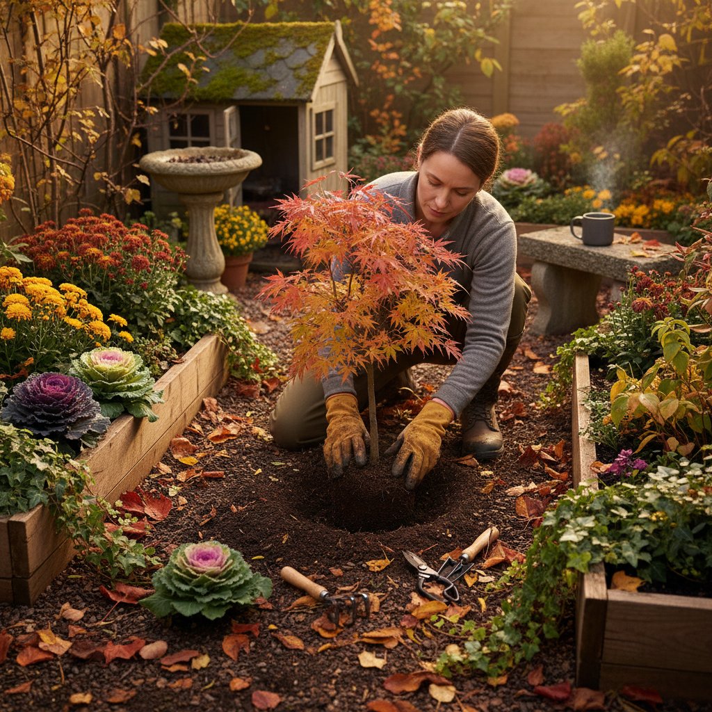 Osoba sadząca karłowe drzewo w małym ogrodzie, jesień