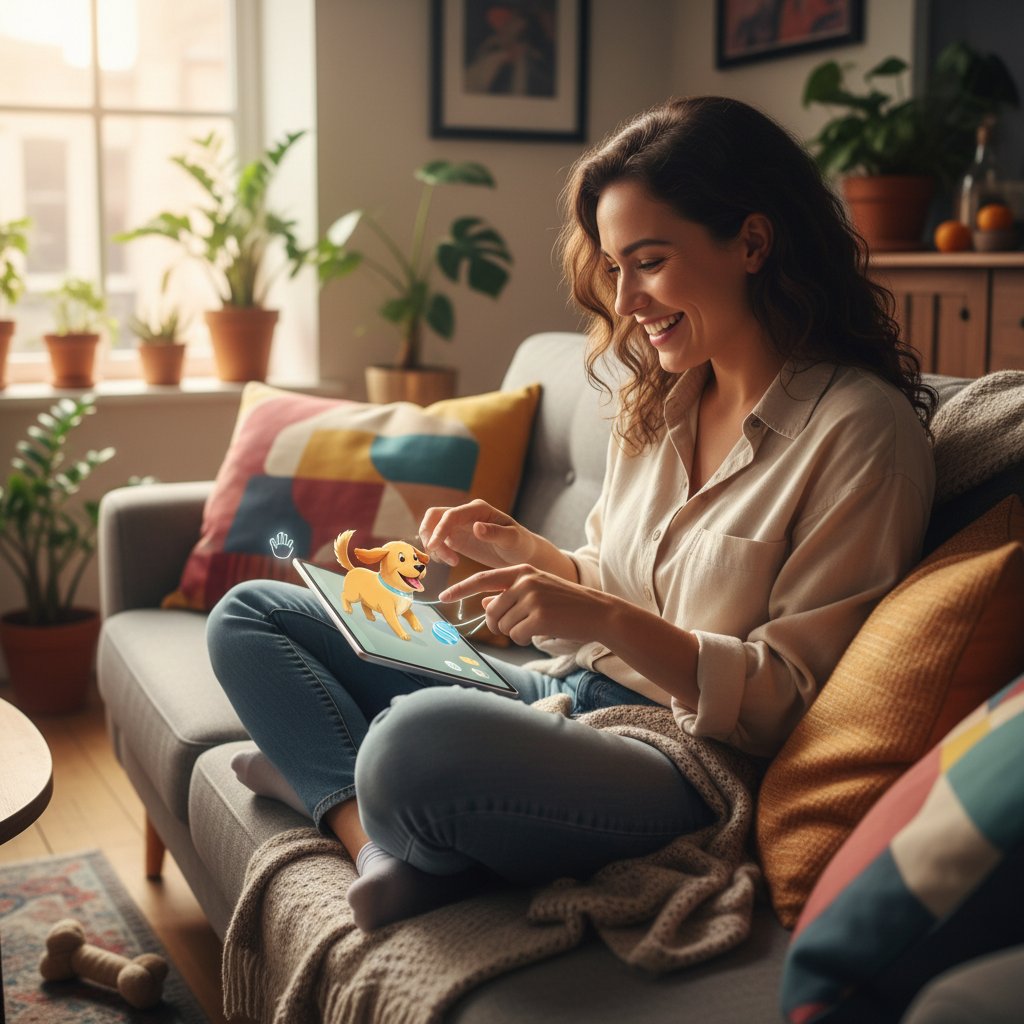 Osoba grająca w cyfrową grę z wirtualnym pieskiem na tablecie, radosna atmosfera