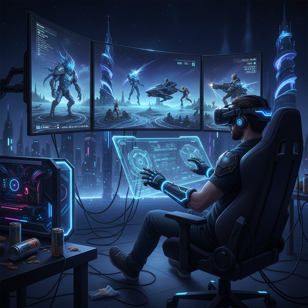 Zdjęcie młodej osoby grającej w zaawansowaną grę symulacyjną, ekran z cyfrowymi postaciami