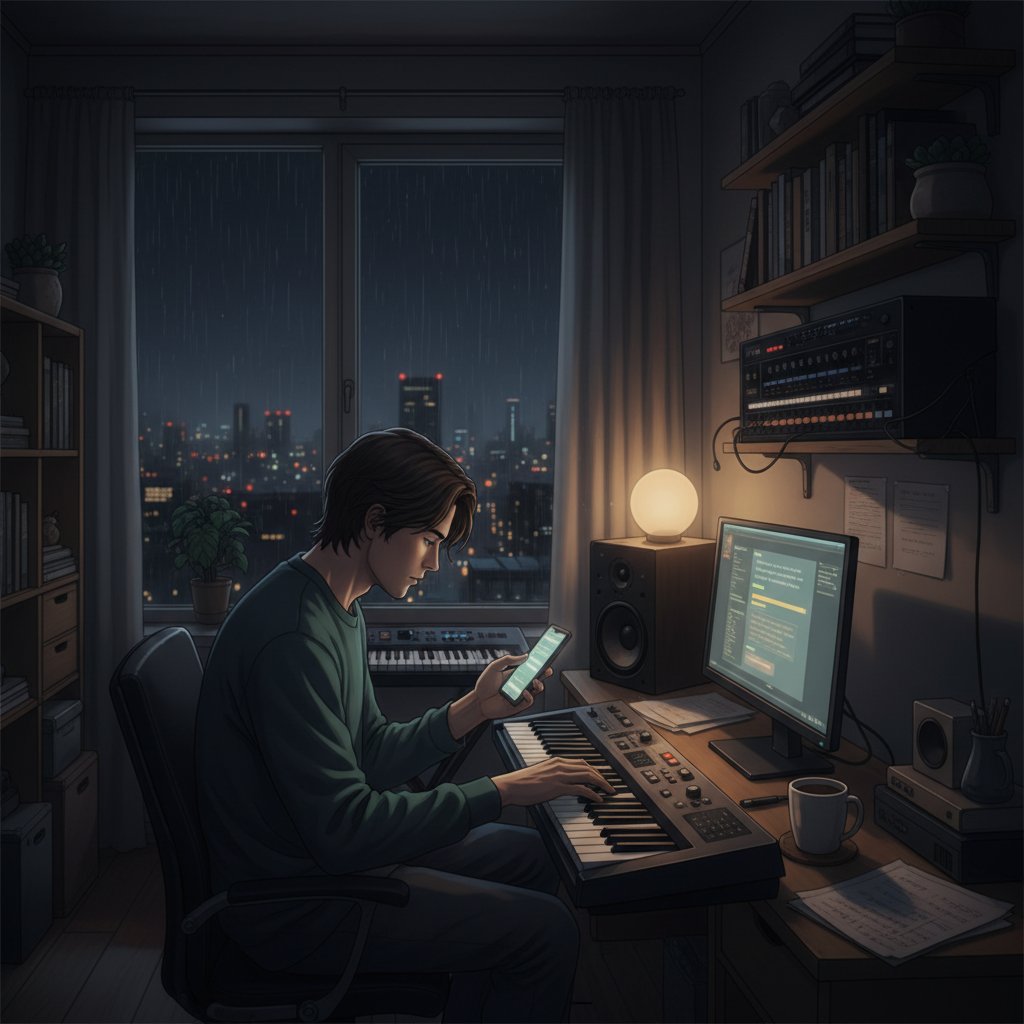 Osoba ćwiczy keyboard w samotności w mieszkaniu, nocą pisząc wiadomość na telefonie