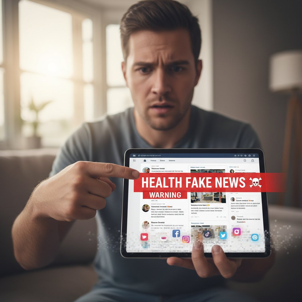 Osoba wskazująca na ekran z ostrzeżeniem o fake newsach zdrowotnych, wokół ikony portali społecznościowych