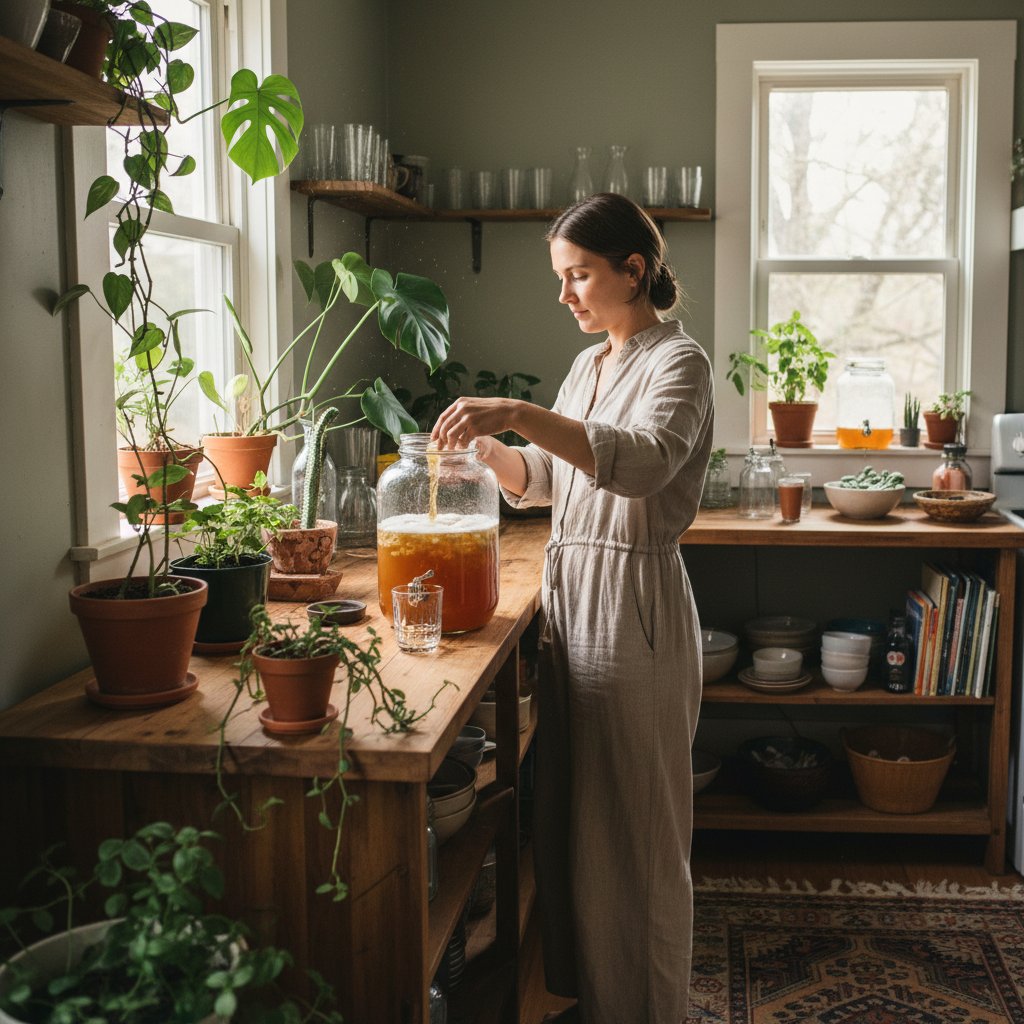 Młoda osoba przelewa kombuchę do butelki w domowej kuchni, domowe rośliny w tle