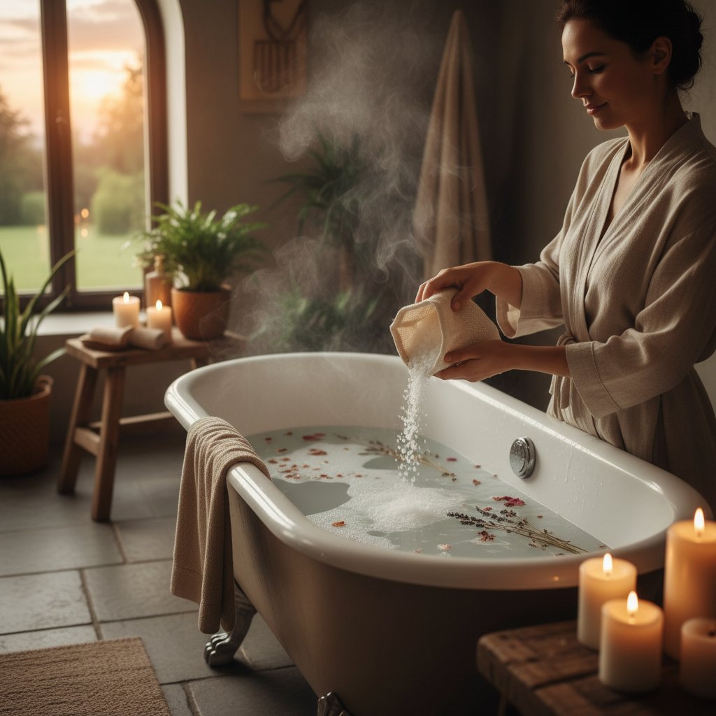 Domowa kąpiel solankowa – osoba wsypująca sól do wanny, naturalne światło, relaksacyjna atmosfera