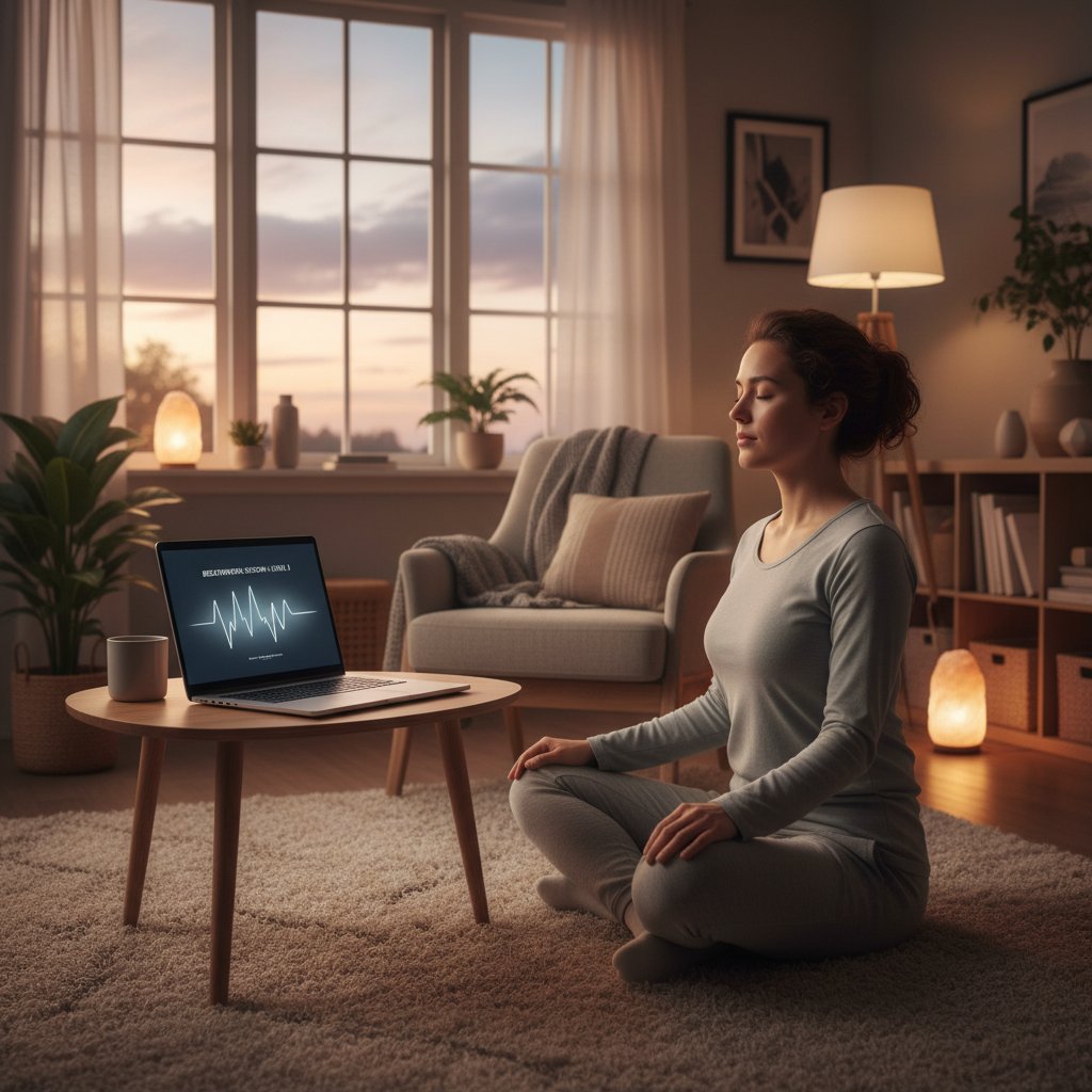 Zdjęcie osoby praktykującej techniki oddechowe online, laptop, spokojny wystrój, wieczorna aura