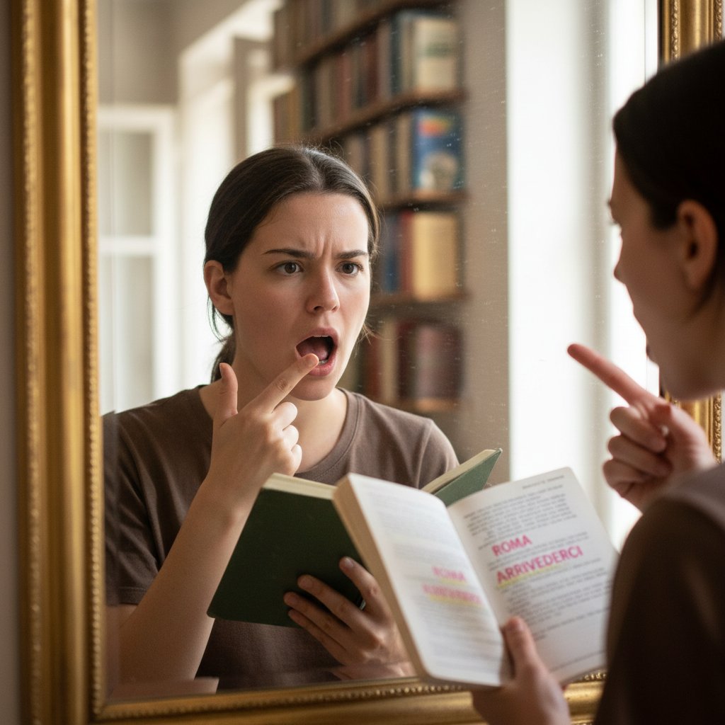 Osoba ćwicząca wymowę włoską przed lustrem, skupienie i determinacja