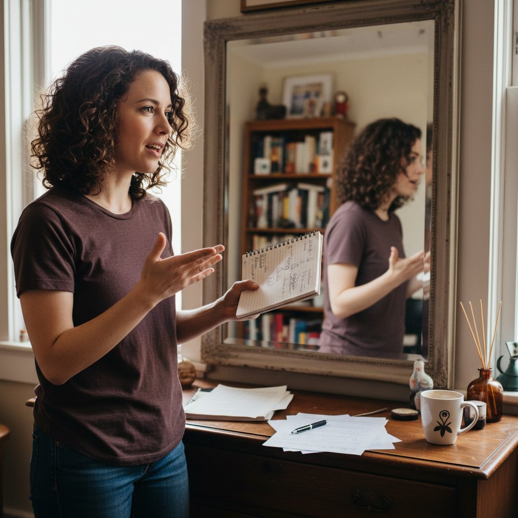 Osoba ćwicząca opowiadanie żartów przed lustrem, notatnik z zapisanymi dowcipami