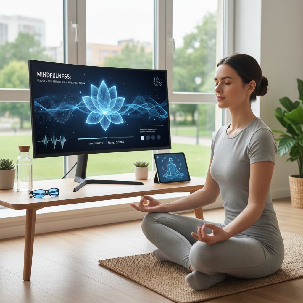 Fotografia osoby praktykującej mindfulness przed komputerem, symbolizująca nowoczesną edukację zdrowotną