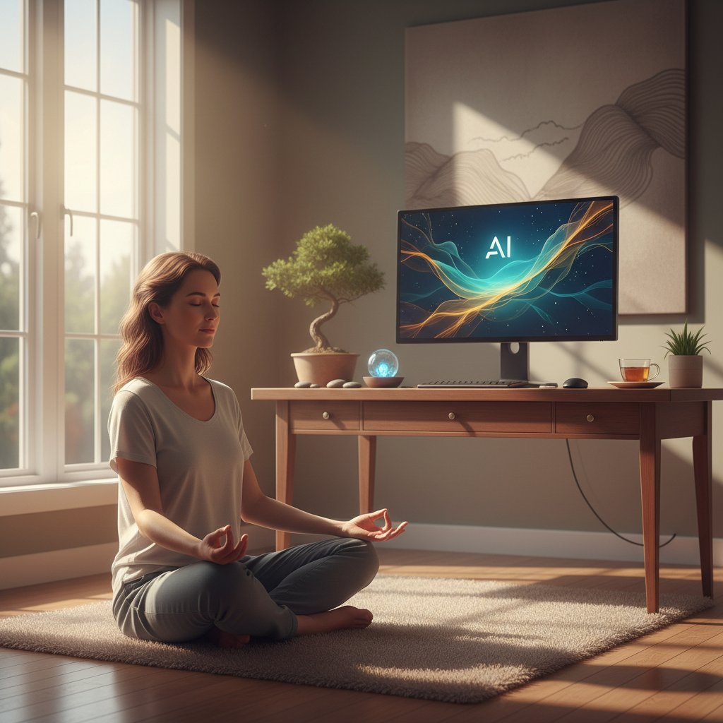 Osoba praktykująca mindfulness przy komputerze z AI, spokojne otoczenie, promienne światło