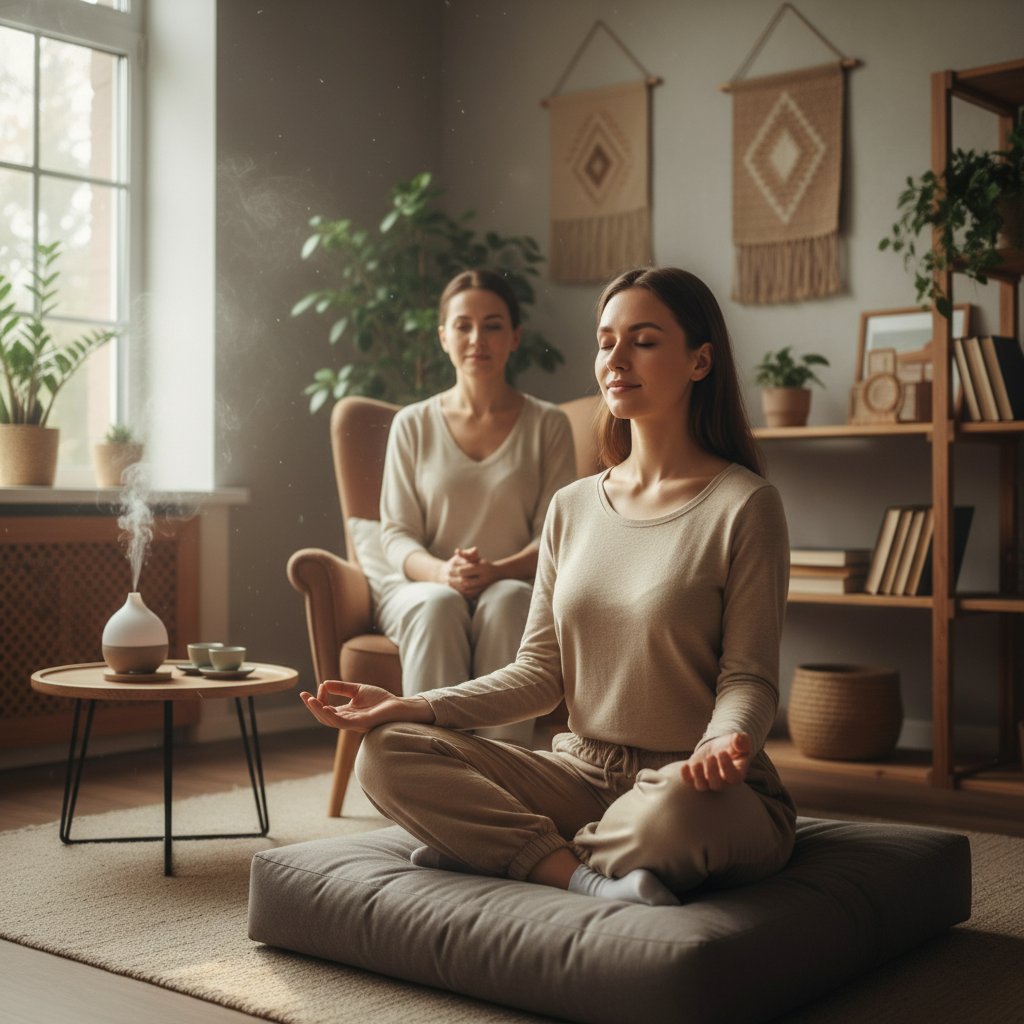 Osoba praktykująca mindfulness pod okiem terapeuty, w przyjaznym gabinecie