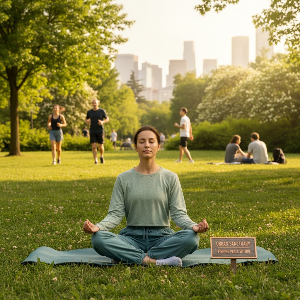 Osoba praktykująca ćwiczenia mindfulness na tle miejskiego parku
