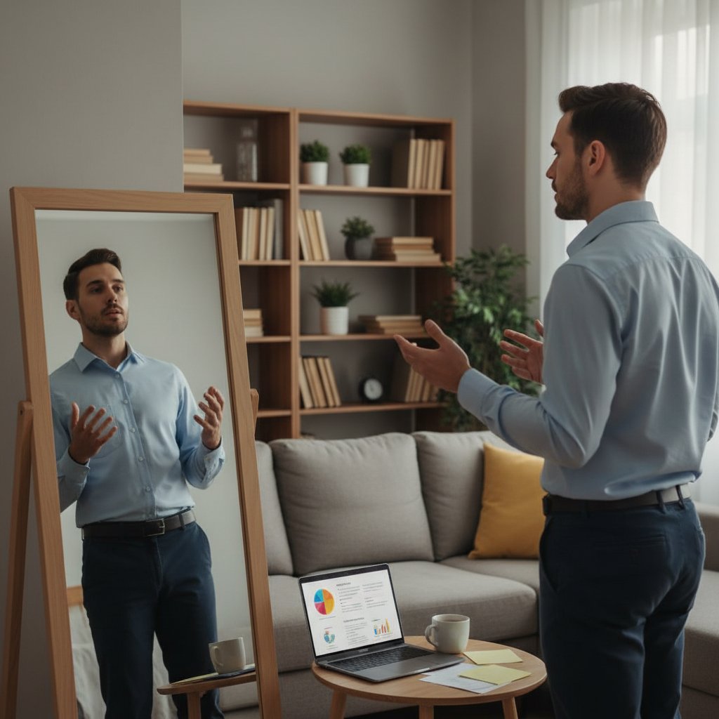 Osoba ćwicząca prezentację przed lustrem w domowym zaciszu, wyraz twarzy pełen skupienia i niepewności