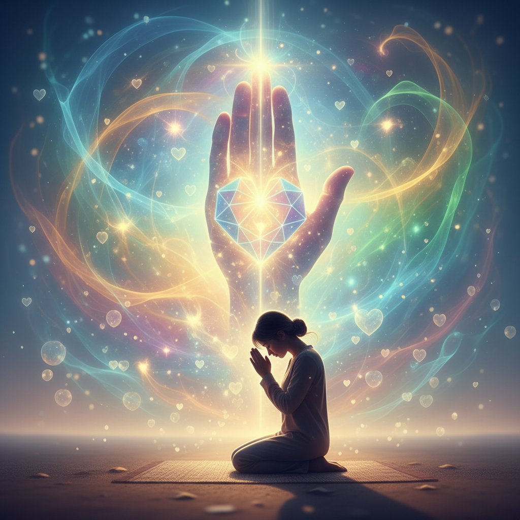 Osoba w modlitewnym skupieniu z AI obecnym w tle