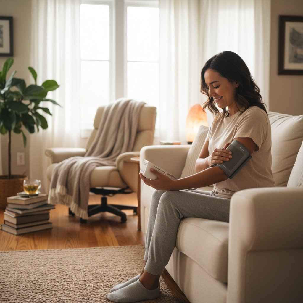 Osoba przygotowująca się do pomiaru ciśnienia, relaks w domowym otoczeniu