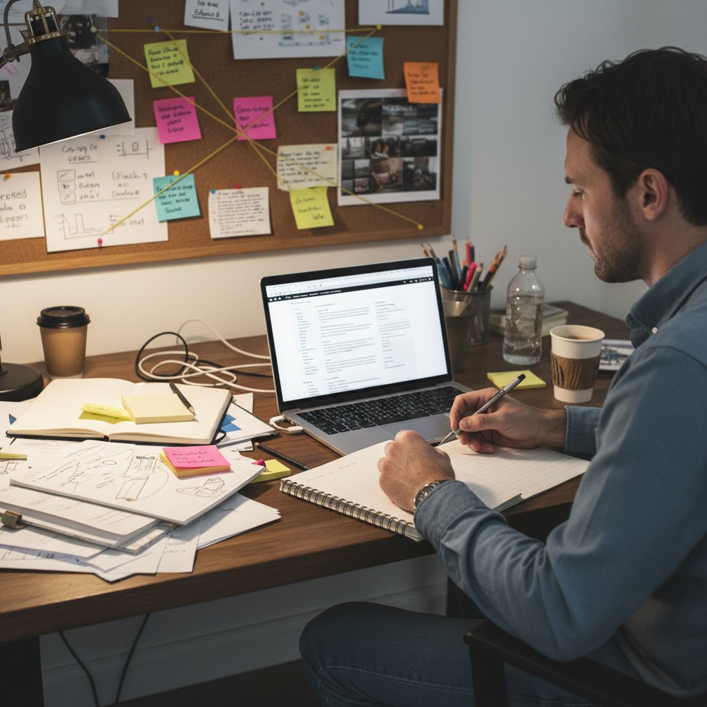 Osoba przygotowuje brief kreatywny, skupiona praca przy biurku, dokumenty, laptop, tablica z notatkami