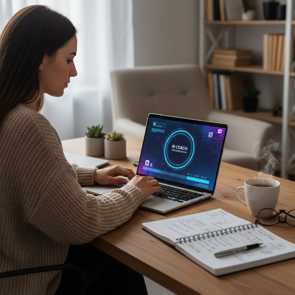 Osoba przygotowująca się do pierwszej sesji z AI coach, notatnik i laptop na biurku