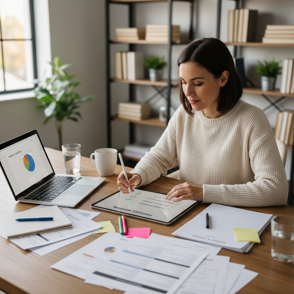 Osoba przygotowująca się do wystąpienia z checklistą na biurku
